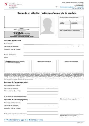 Demande en obtention / extension d'un permis de conduire — SNCA - Luxembourg